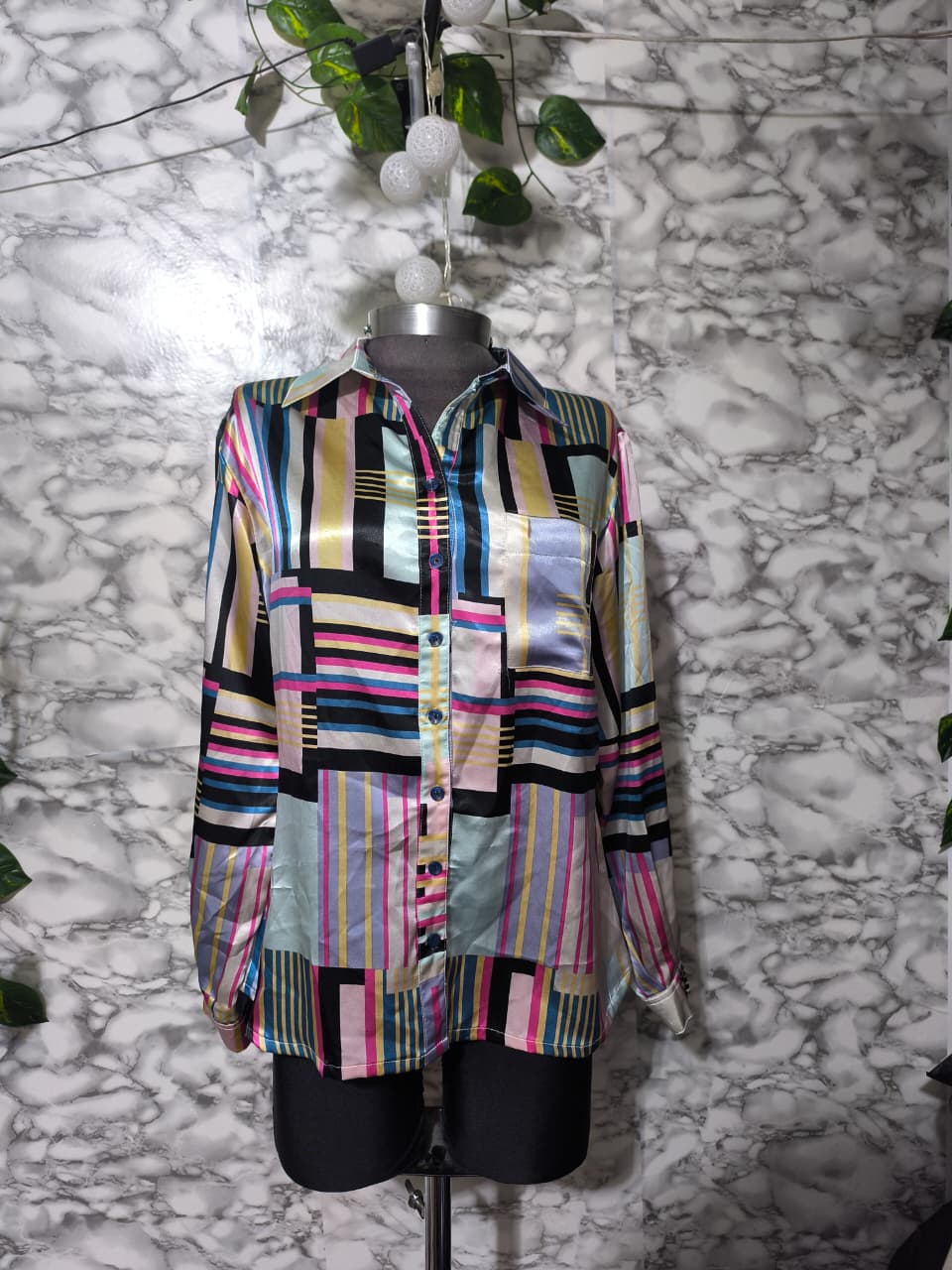Camisa Satín Bloques Geométricos Multicolor