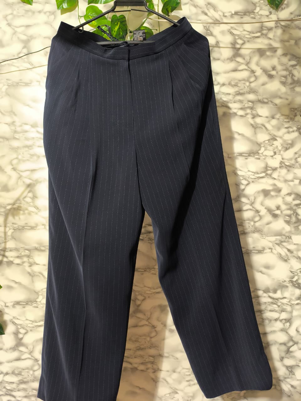 Pantalón Formal Mujer Sastrería Azul Marino con Rayas Finas Talla 10 USA