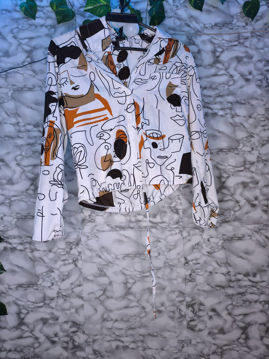 Blusa Mujer Estampado Artístico Rostros Line Art Naranja y Negro Talla L