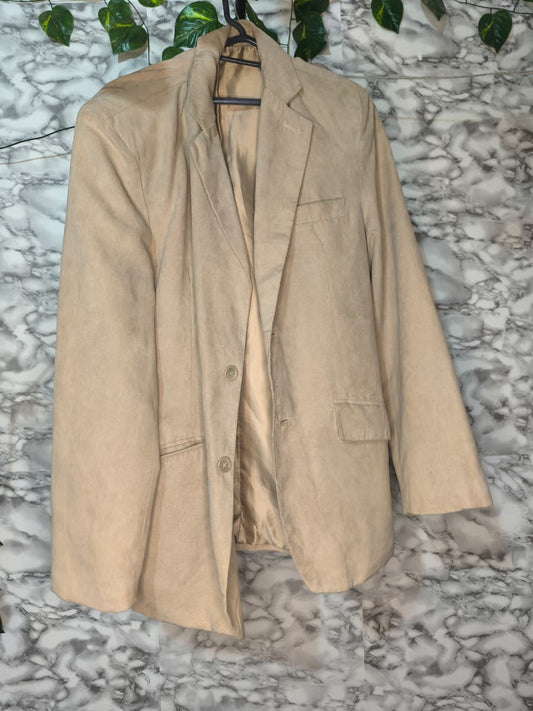Blazer Hombre Gamuza Beige Arena Estructurado Solapa Muesca Dos Botones Talla L