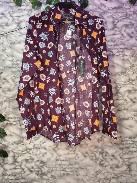 Camisa Hombre Paisley & Gray Slim Fit Vino Floral Geométrico Talla M
