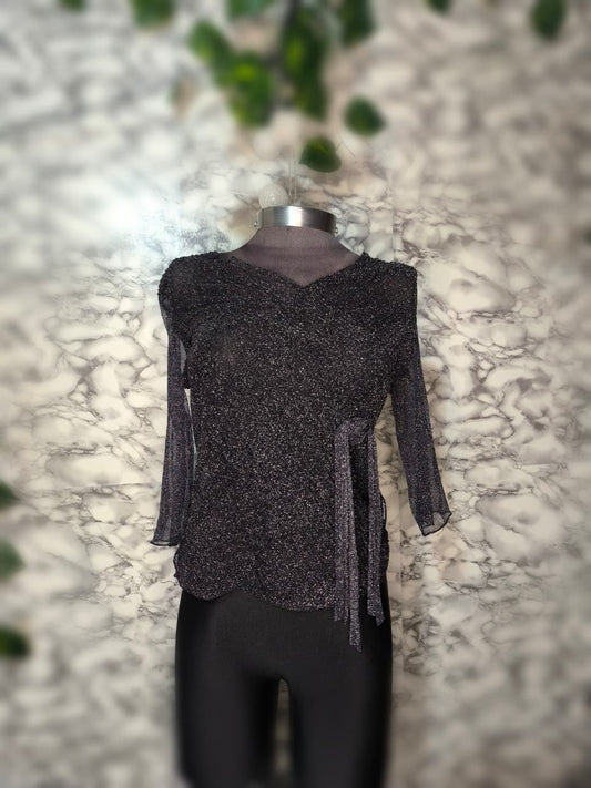 Blusa de Fiesta Cruzada con Brillo Lurex Plateado y Lazo