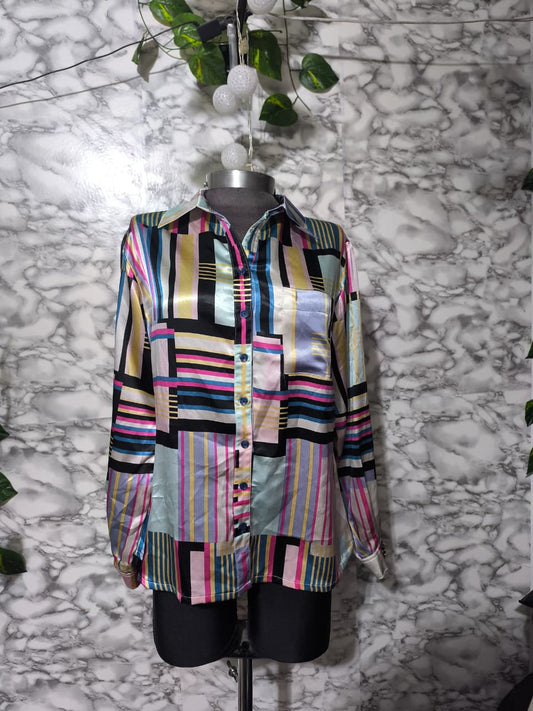 Camisa Satín Bloques Geométricos Multicolor