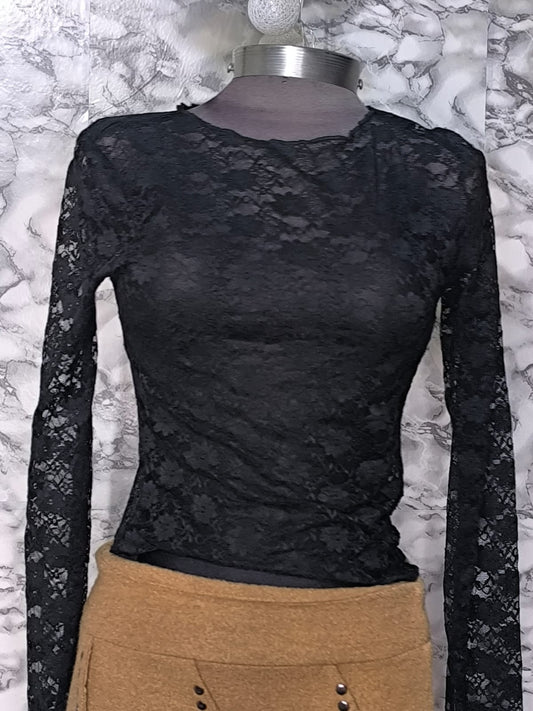 Blusa Manga Larga de Encaje Floral Translúcido Talla S