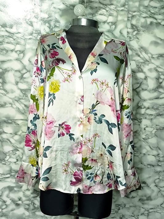 Camisa Satinada Premium con Estampado Botánico Floral – Zara Talla M