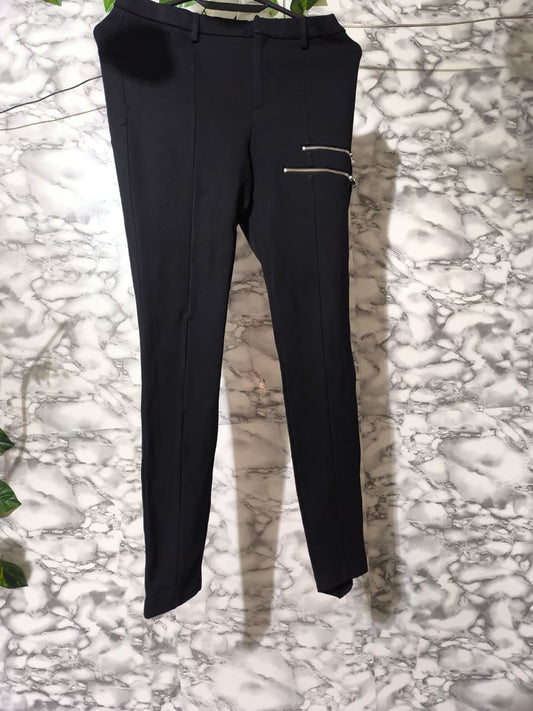 Pantalón Mujer Negro con Zíperes Plateados Diagonales Talla 8 USA