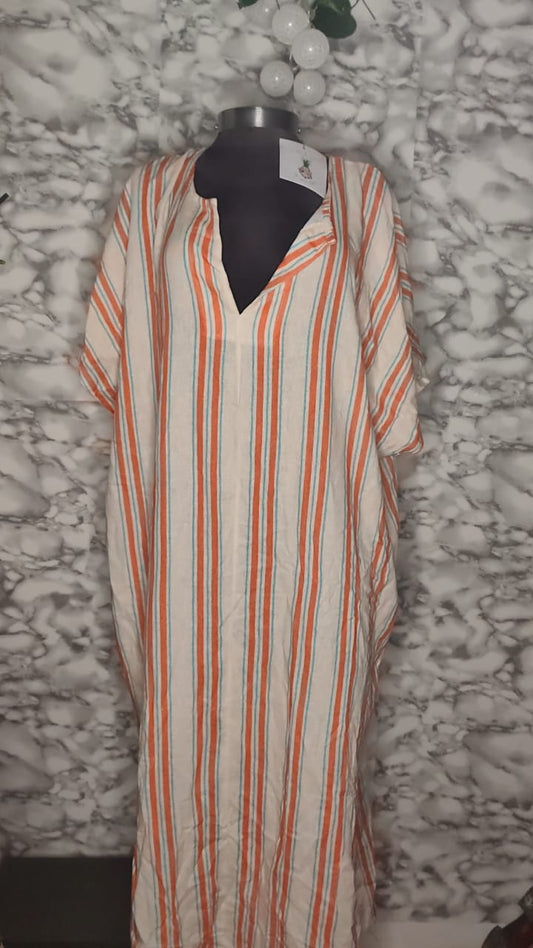 Maxivestido Kaftán Rayas Naranja y Aqua
