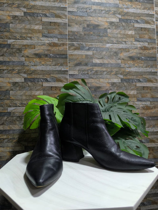 Botines Cuero Legítimo Negro Tacón Bloque – Vélez