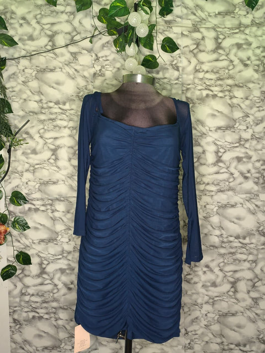 Vestido Corto Azul Noche Drapeado Escote Cuadrado Mangas Largas con Transparencias Talla S