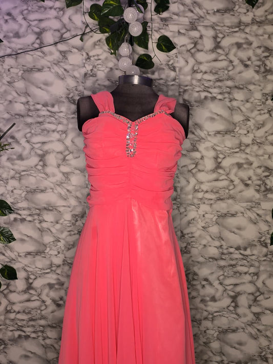 Vestido Largo Fiesta Rosa Coral Chifón Fruncido con Aplique de Pedrería Talla M