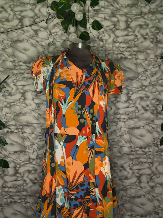 Vestido Corto Tropical Abstracto Naranja Azul Verde y Amarillo Mangas Bombachas Talla M
